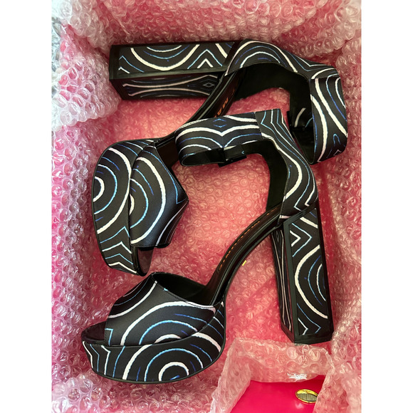 Kat Maconie Angel/Black Printed Satin Chunky High Heel Shoes like new size US 9 - Picture 6 of 16